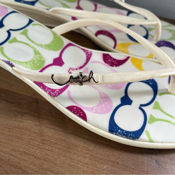 Coach Dorann Wedge Thong Flip Flops Sandals 8 Cream Colorful Logo - Picture 14 of 14